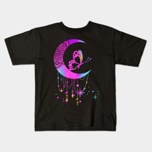 Butterfly Mandala Moon: Rainbow Pink Holographic Boho Trippy Hippie Colors Kids T-Shirt